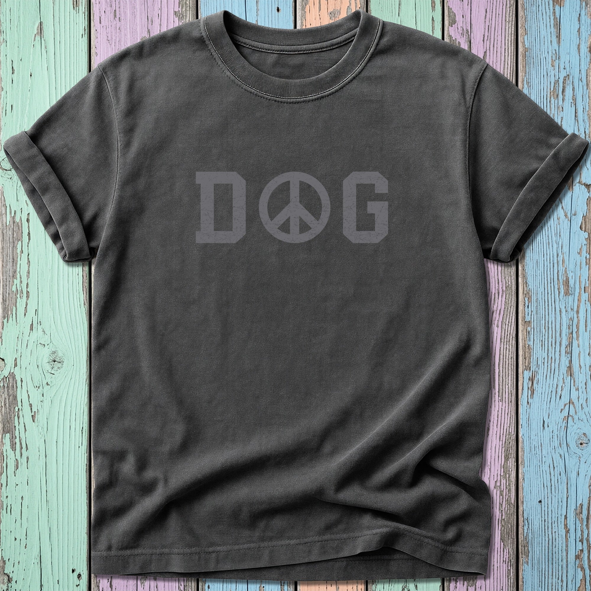 Dark gray t-shirt with "DOG" and peace symbol text.