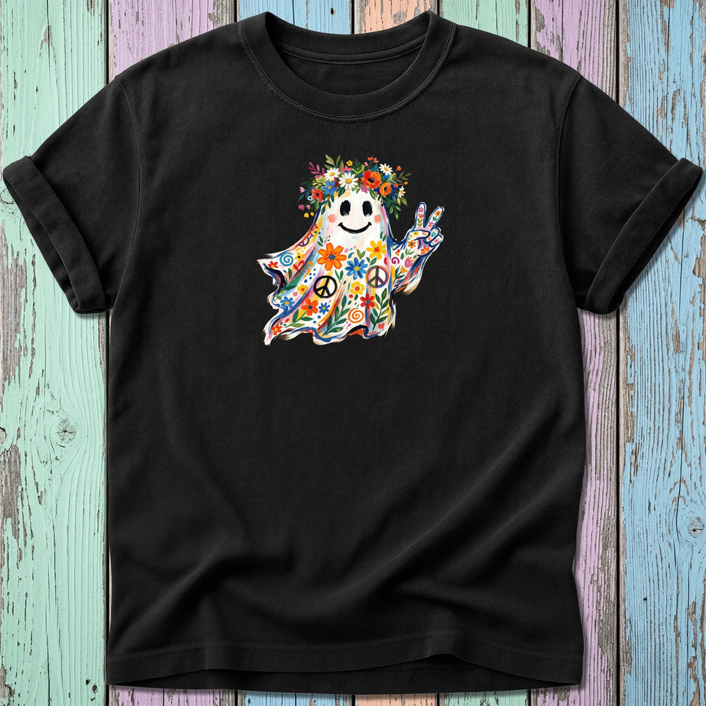 Black t-shirt featuring a colorful ghost with flowers and peace signs.
