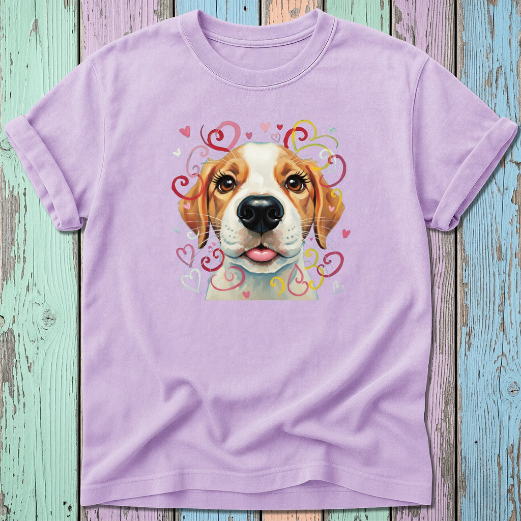 Purple t-shirt with cartoon dog face and hearts design.