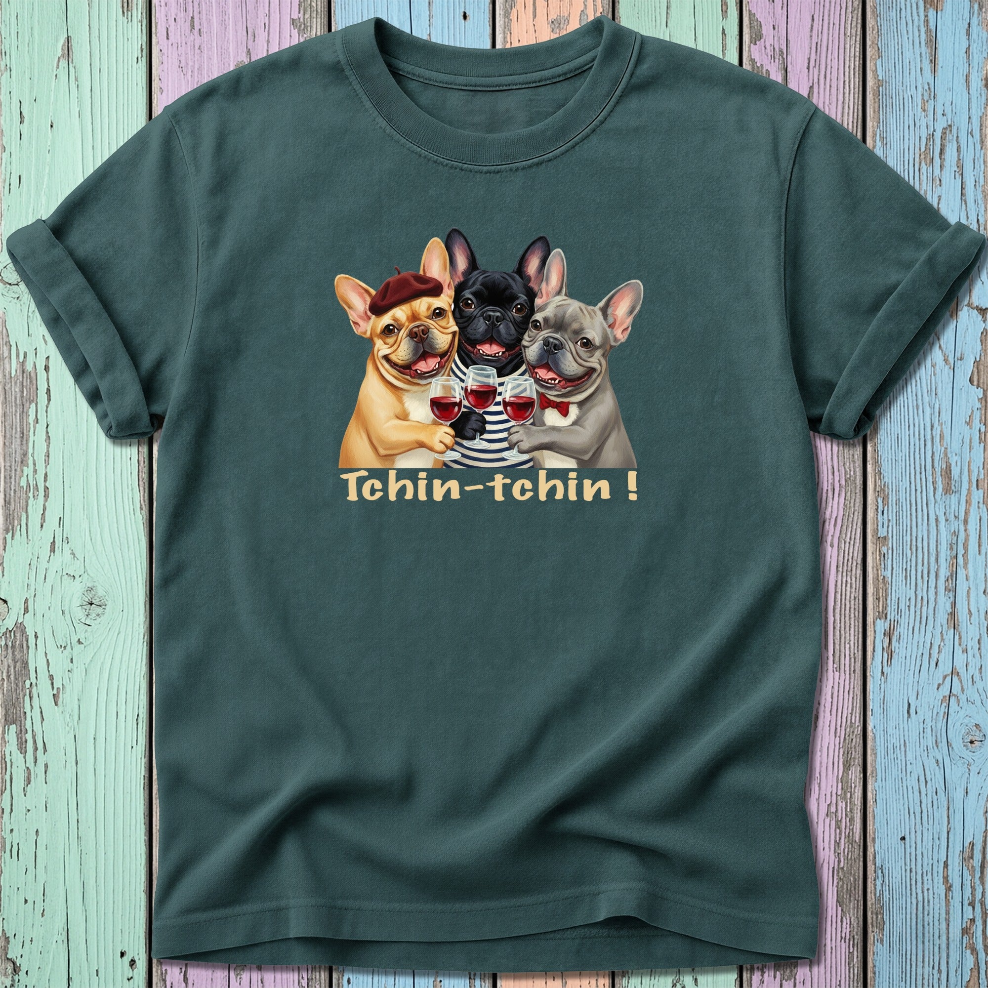 Three French Bulldogs in hats toast with wine glasses. "Tchin-tchin!"