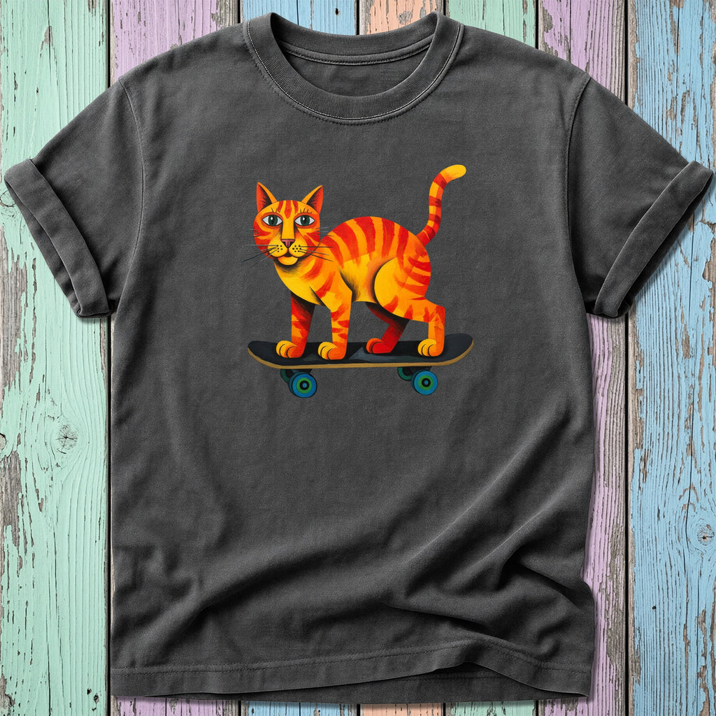 Orange tabby cat with blue eyes riding a skateboard.