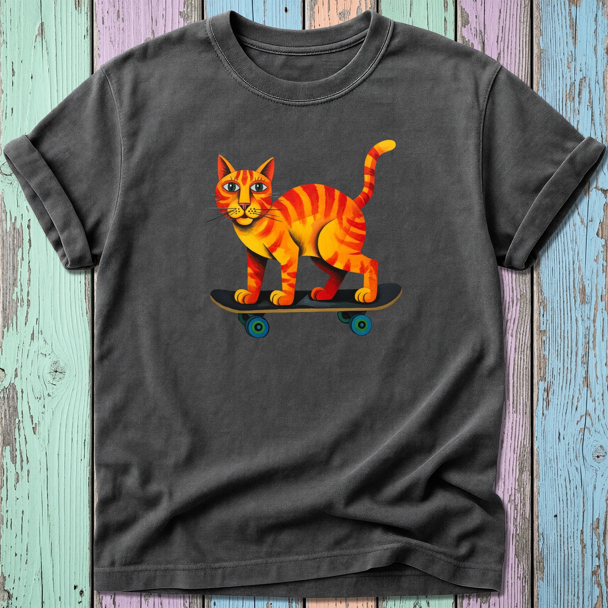 Orange tabby cat with blue eyes riding a skateboard.