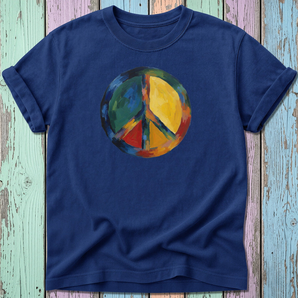 Navy t-shirt with colorful abstract peace sign graphic.