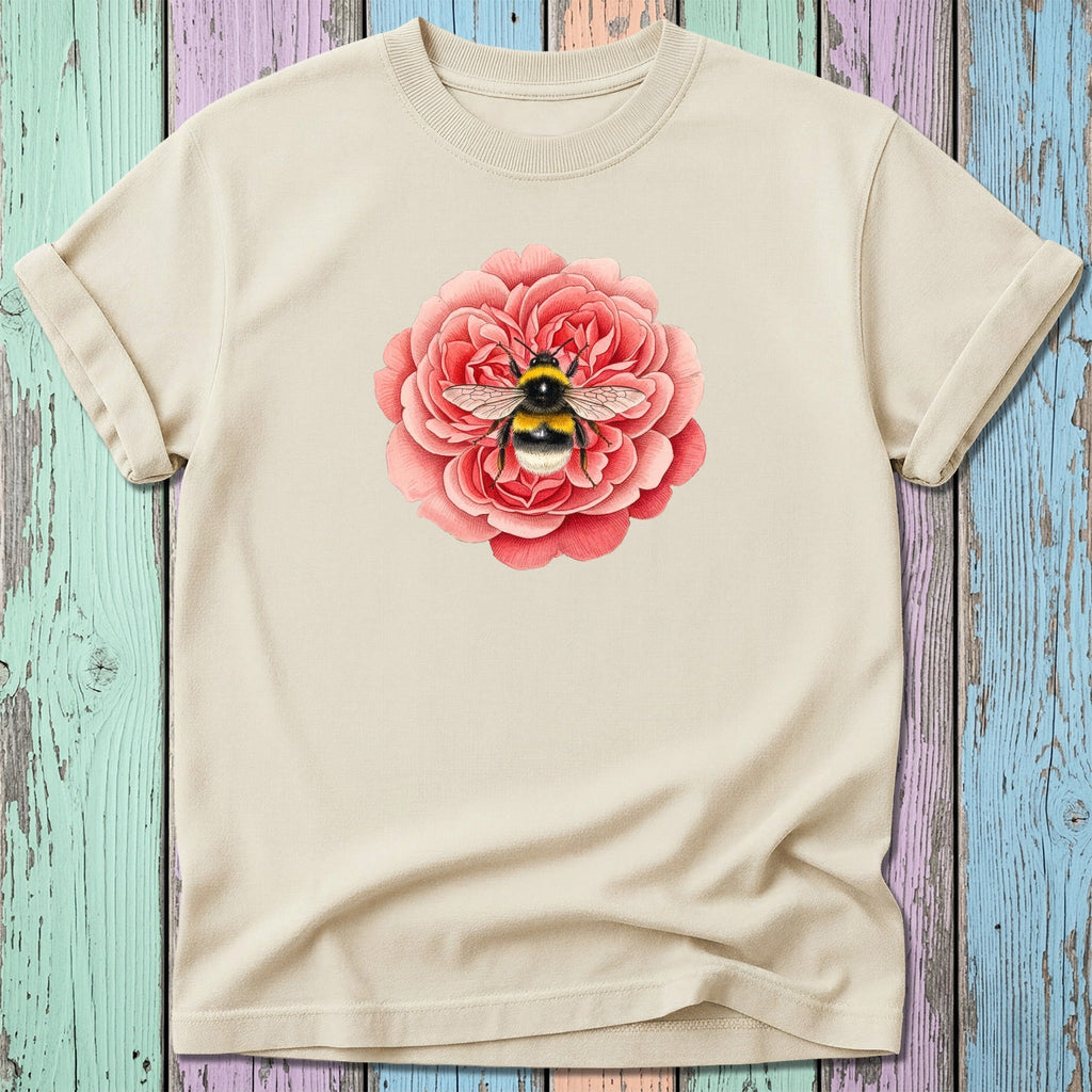 Cream t-shirt with a watercolor bumblebee on a pink rose.