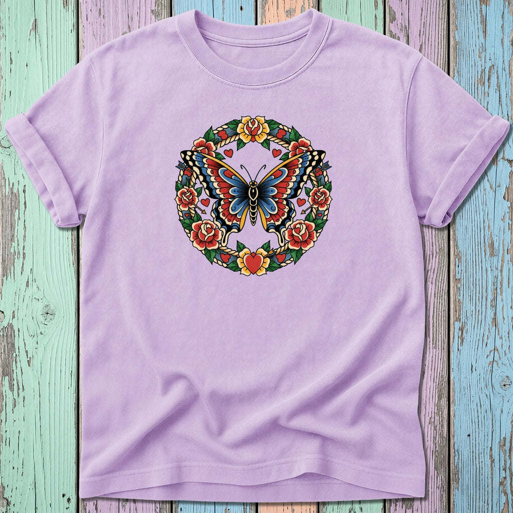 Lavender t-shirt with a traditional tattoo-style butterfly and floral wreath design.