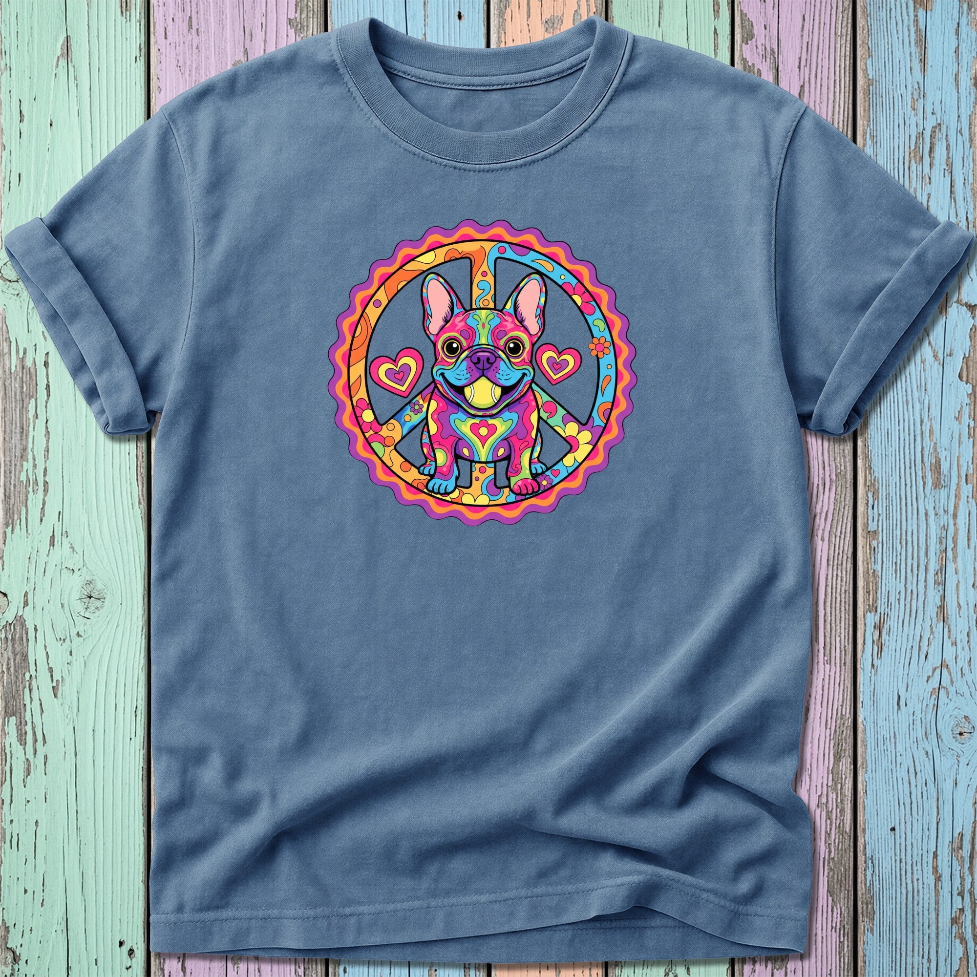 French bulldog wearing sunglasses inside a colorful peace sign with hearts.