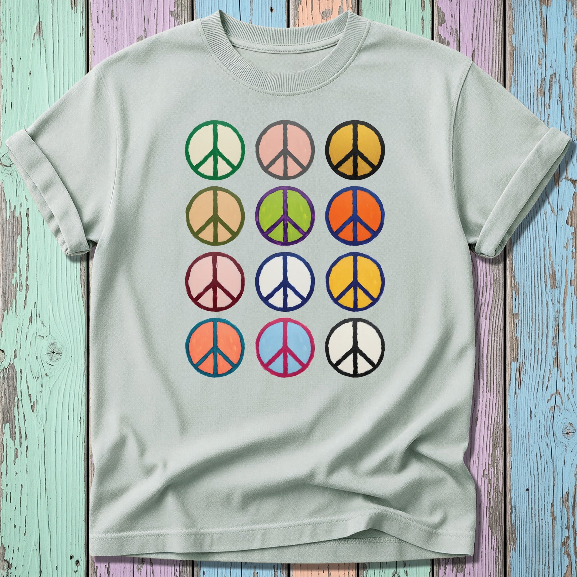 T-shirt with grid of colorful peace symbols in various colors.