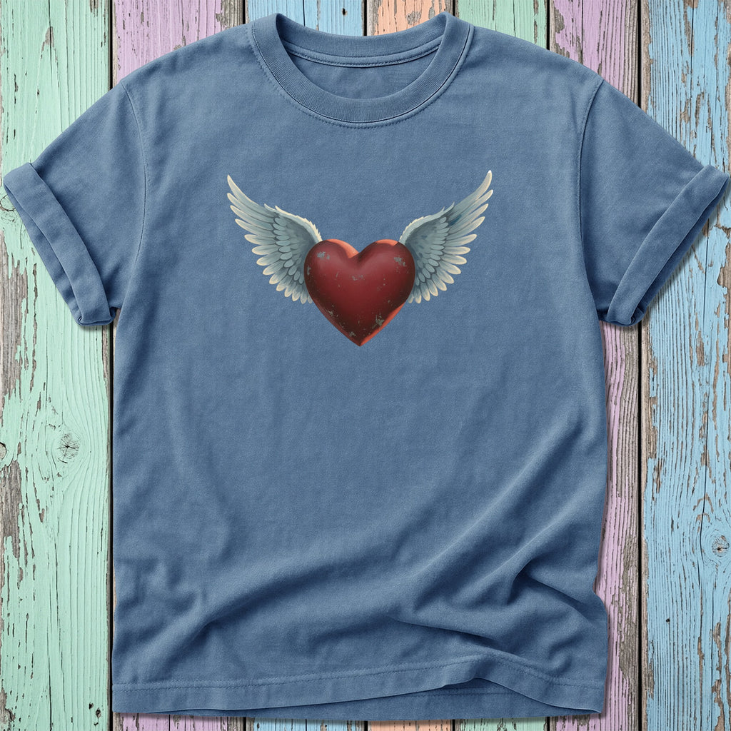 Blue t-shirt with a distressed heart and wings graphic.