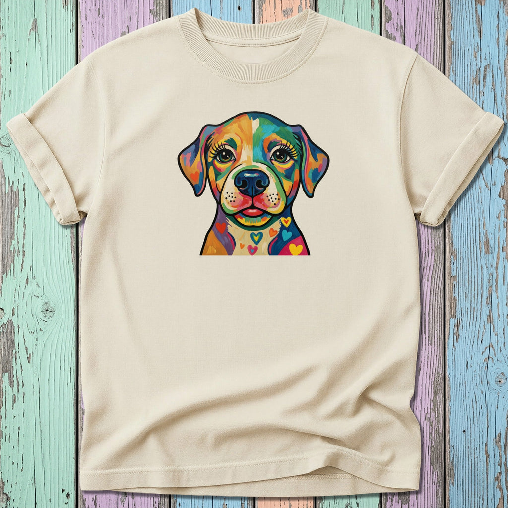 Cream t-shirt with colorful abstract dog portrait and small hearts.