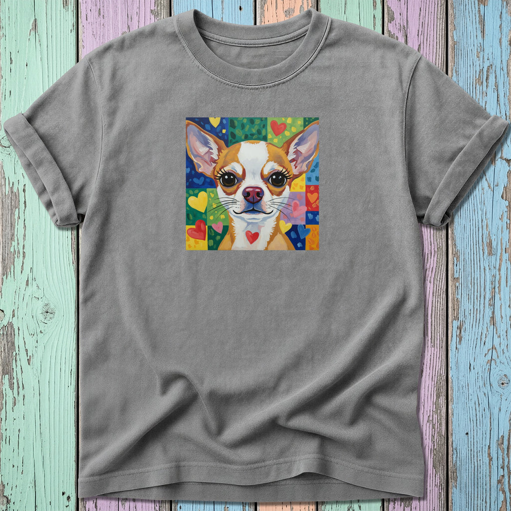 Grey t-shirt with watercolor chihuahua portrait surrounded by colorful hearts.