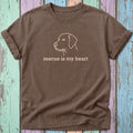 Brown t-shirt with a dog outline and "rescue is my heart" text.