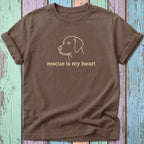 Brown t-shirt with a dog outline and "rescue is my heart" text.