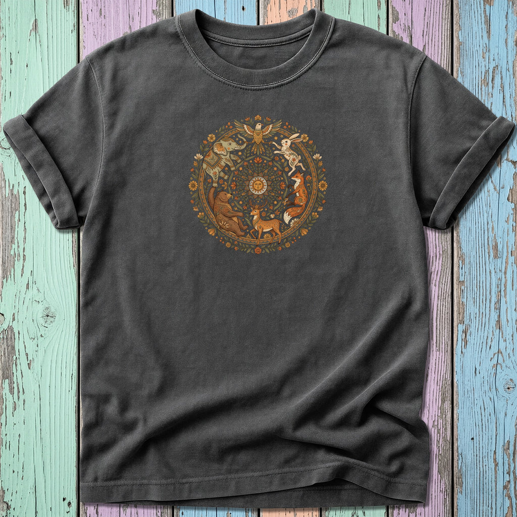 Charcoal t-shirt with a circular nature-themed illustration of animals.