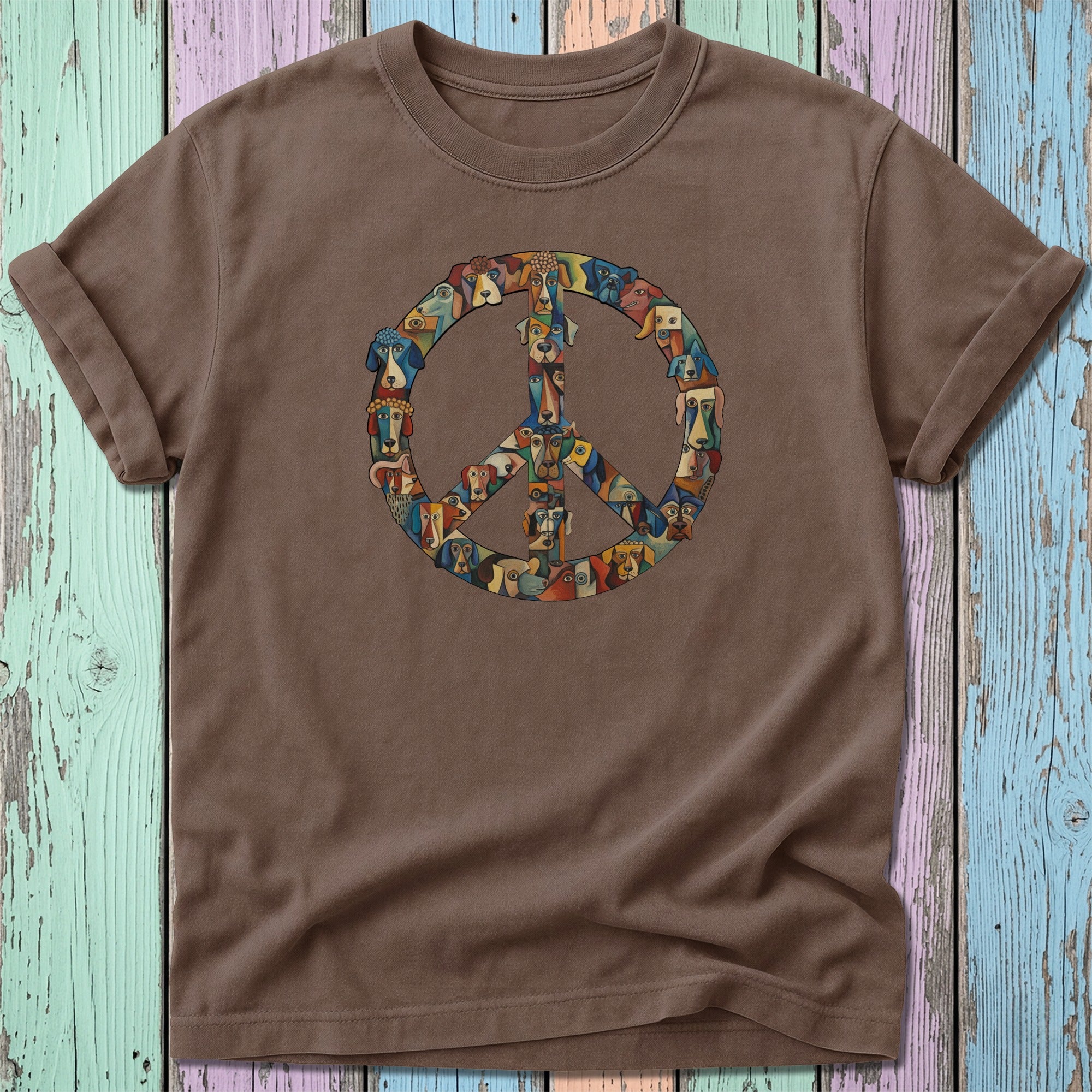 Brown t-shirt with a colorful peace sign made of dog faces.