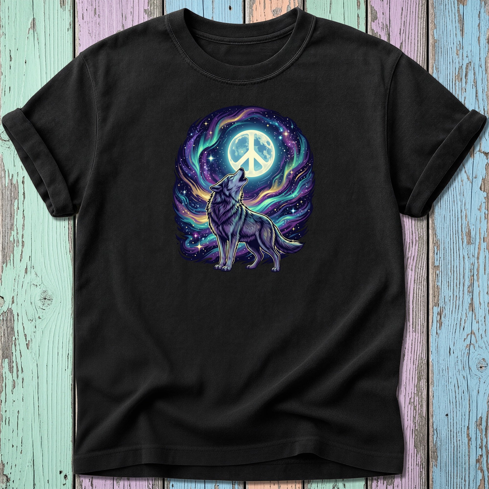 Black t-shirt with wolf howling at a peace sign moon.