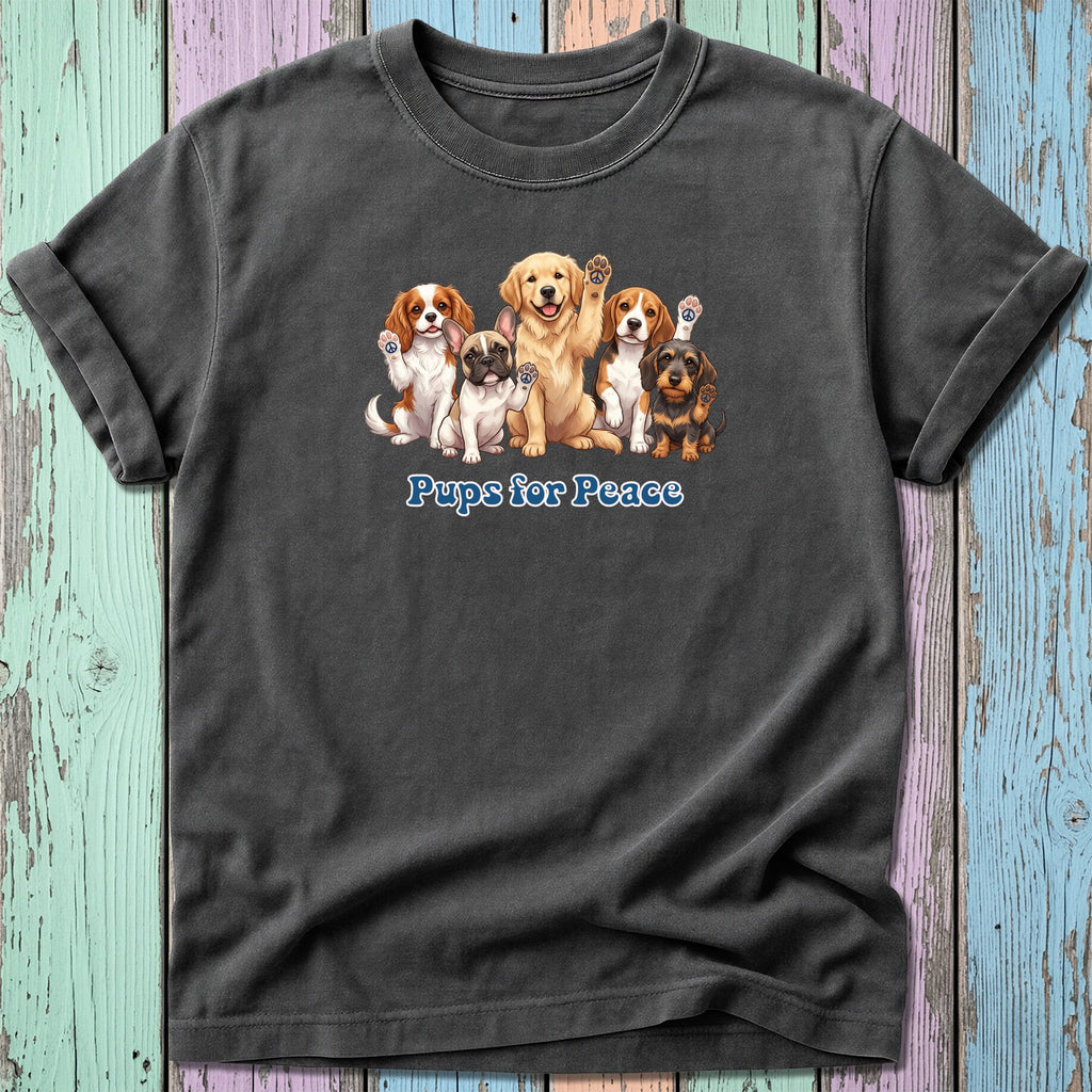 T-shirt with illustration of five dogs and the text "Pups for Peace".