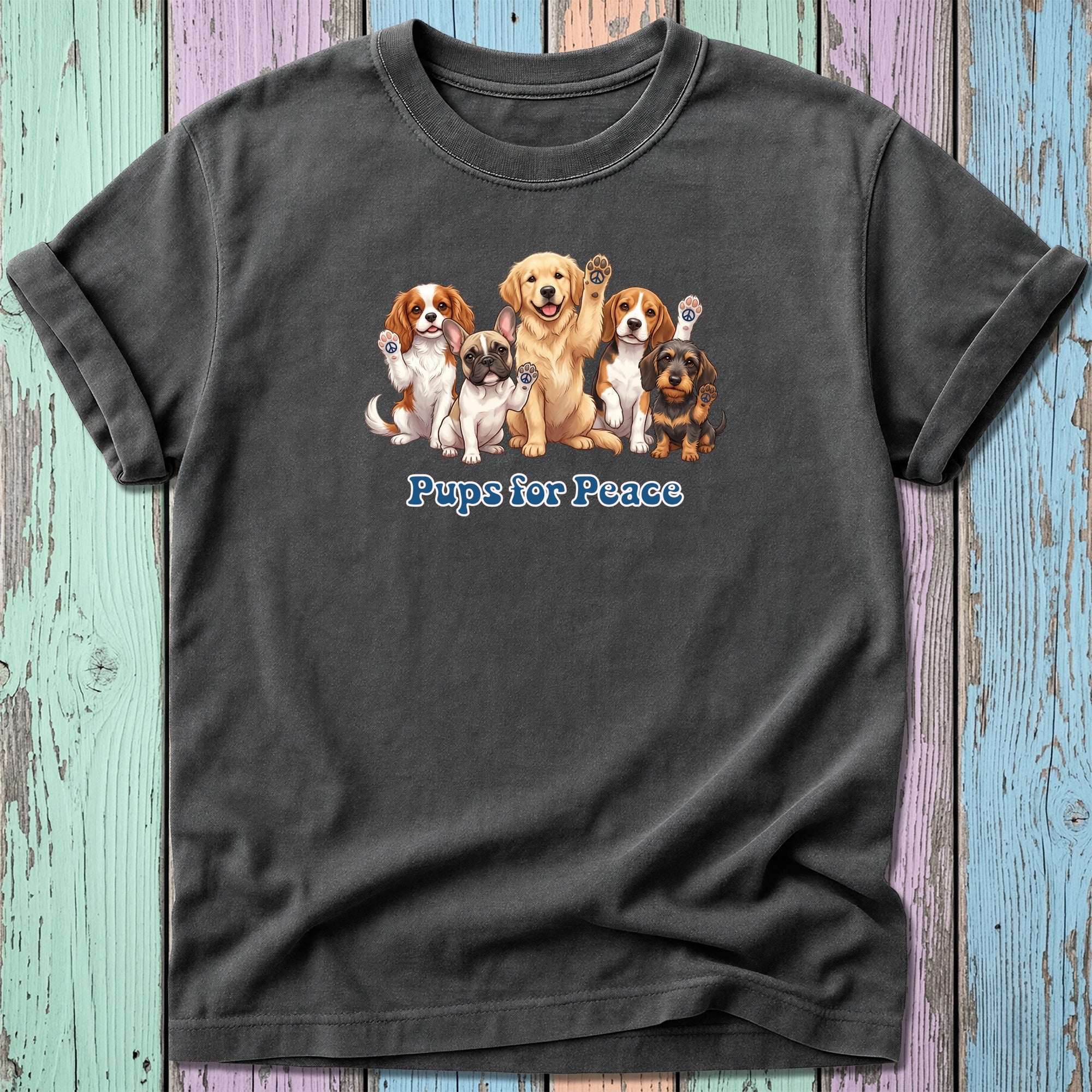 T-shirt with illustration of five dogs and the text "Pups for Peace".