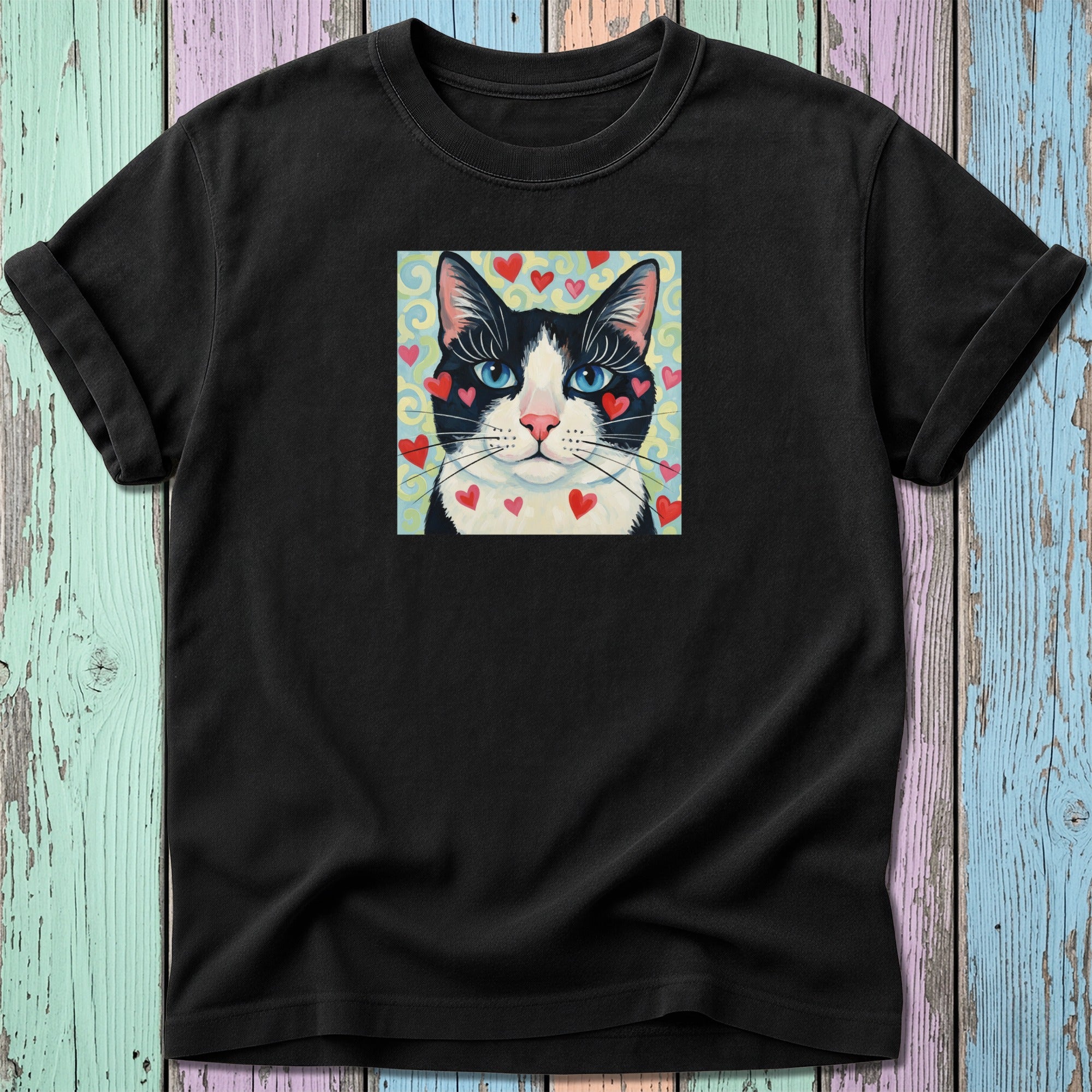 Black t-shirt with a black and white cat wearing hearts.