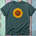 Dark green t-shirt with a sunflower and bee graphic.