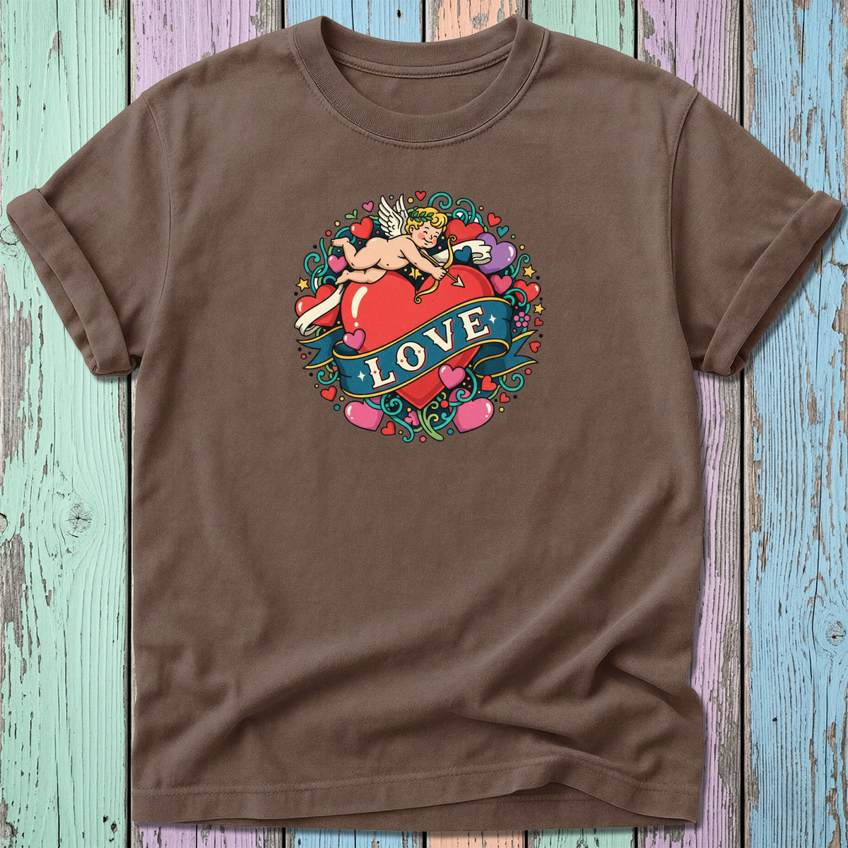 Brown t-shirt with cupid and "LOVE" text design.