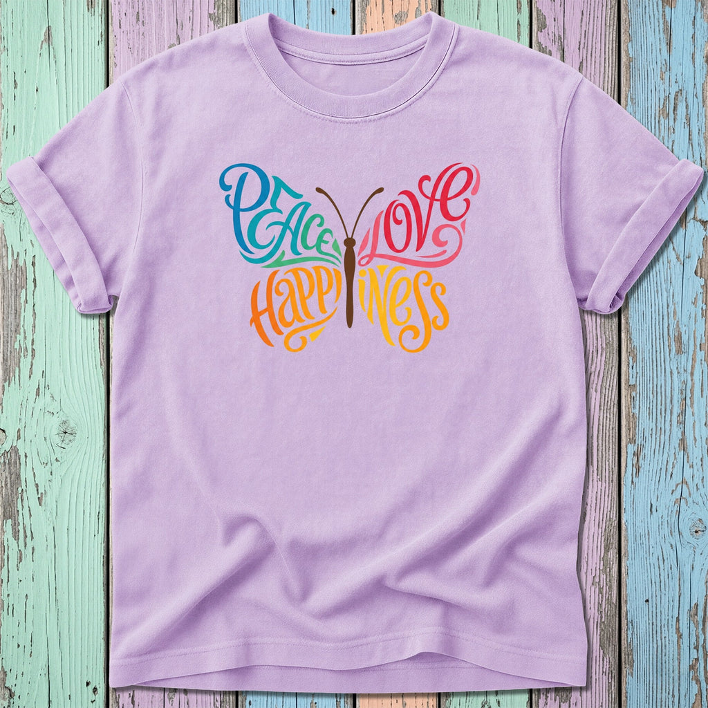 Lavender t-shirt with colorful "Peace Love Happiness" butterfly graphic.