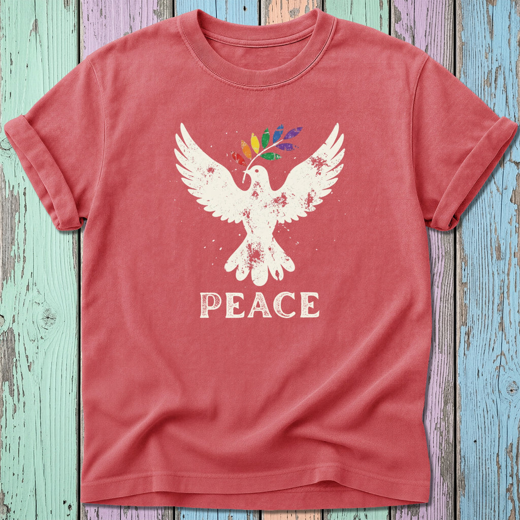 Red t-shirt with white dove holding a rainbow olive branch, text "PEACE".