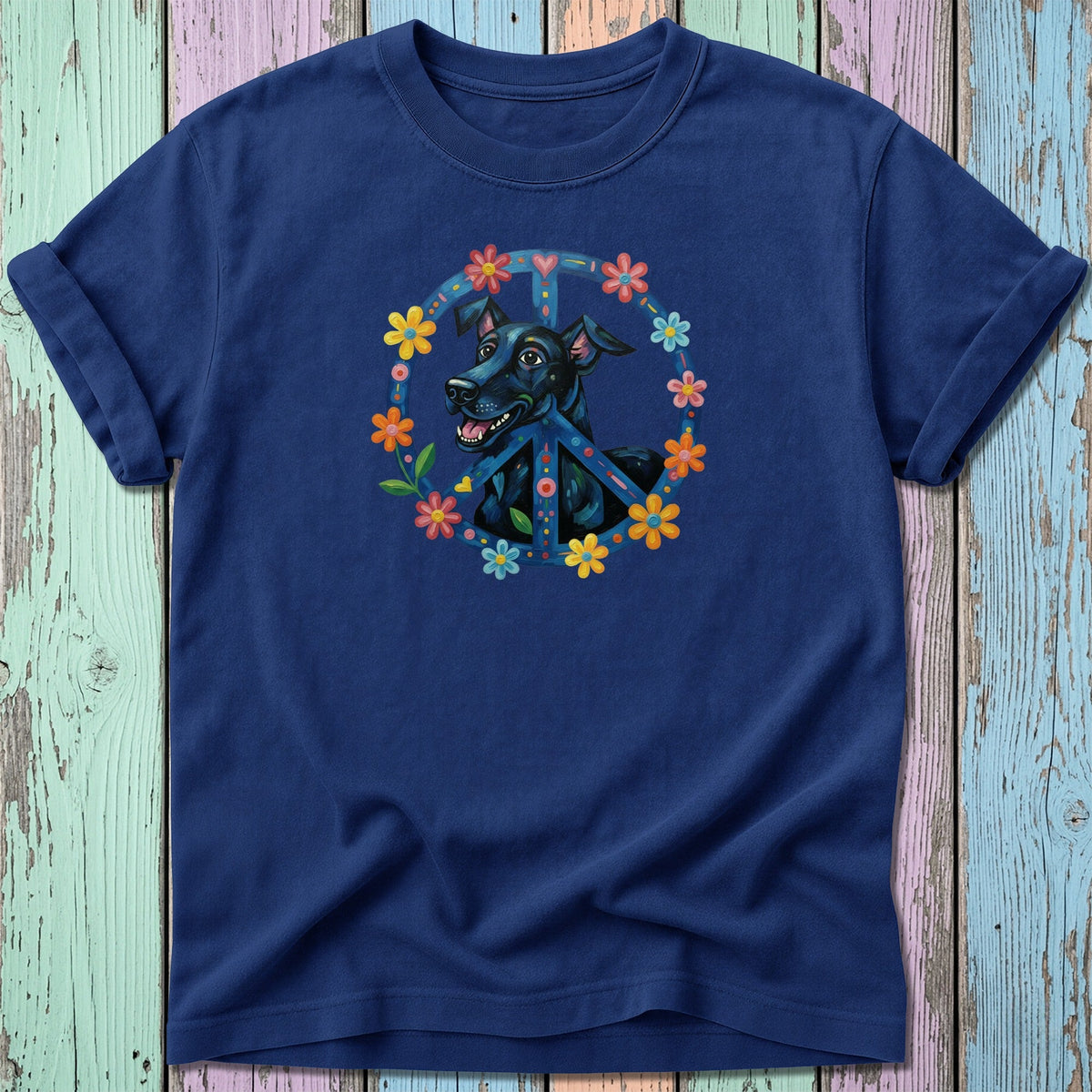 Navy t-shirt with a black dog inside a floral peace sign.