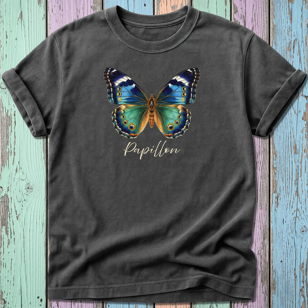 Dark gray t-shirt with a colorful butterfly graphic and "Papillon" text.
