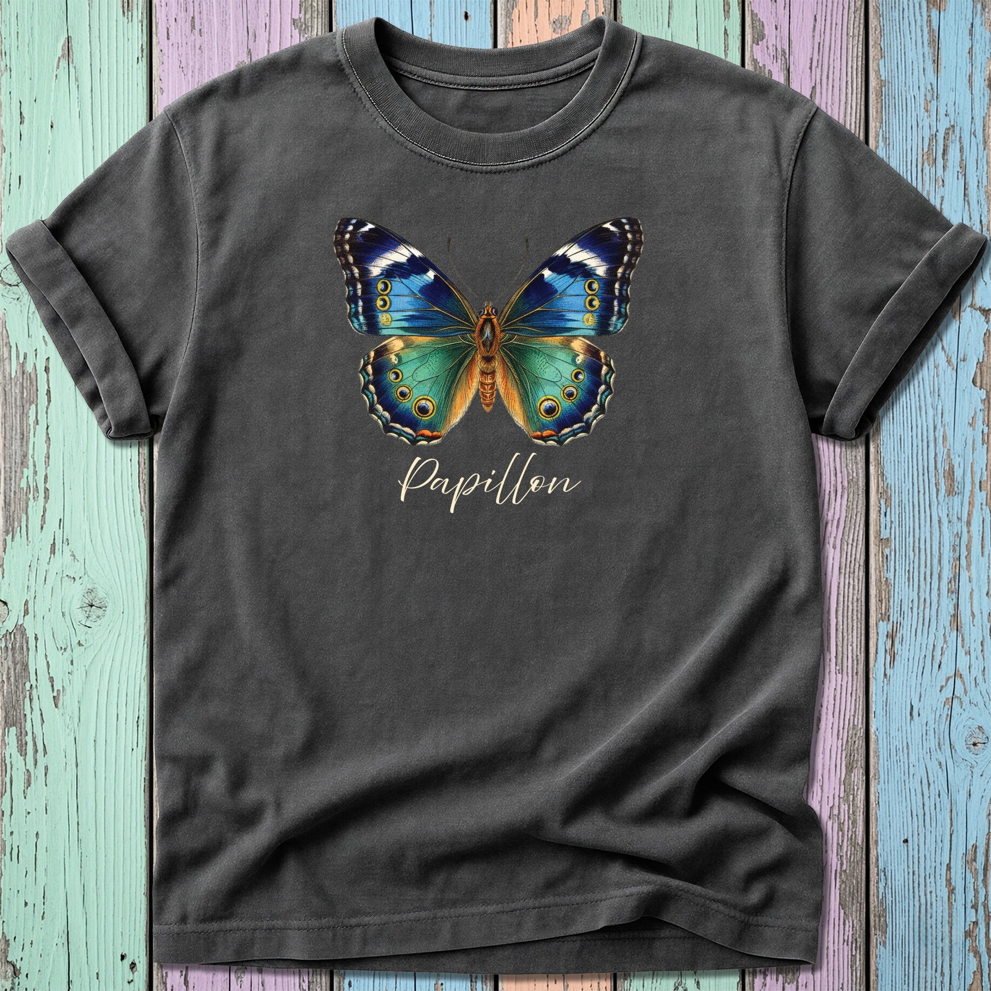 Dark gray t-shirt with a colorful butterfly graphic and "Papillon" text.