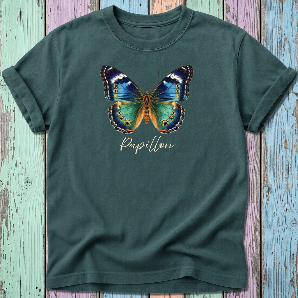 Teal t-shirt with a colorful butterfly graphic and "Papillon" text.