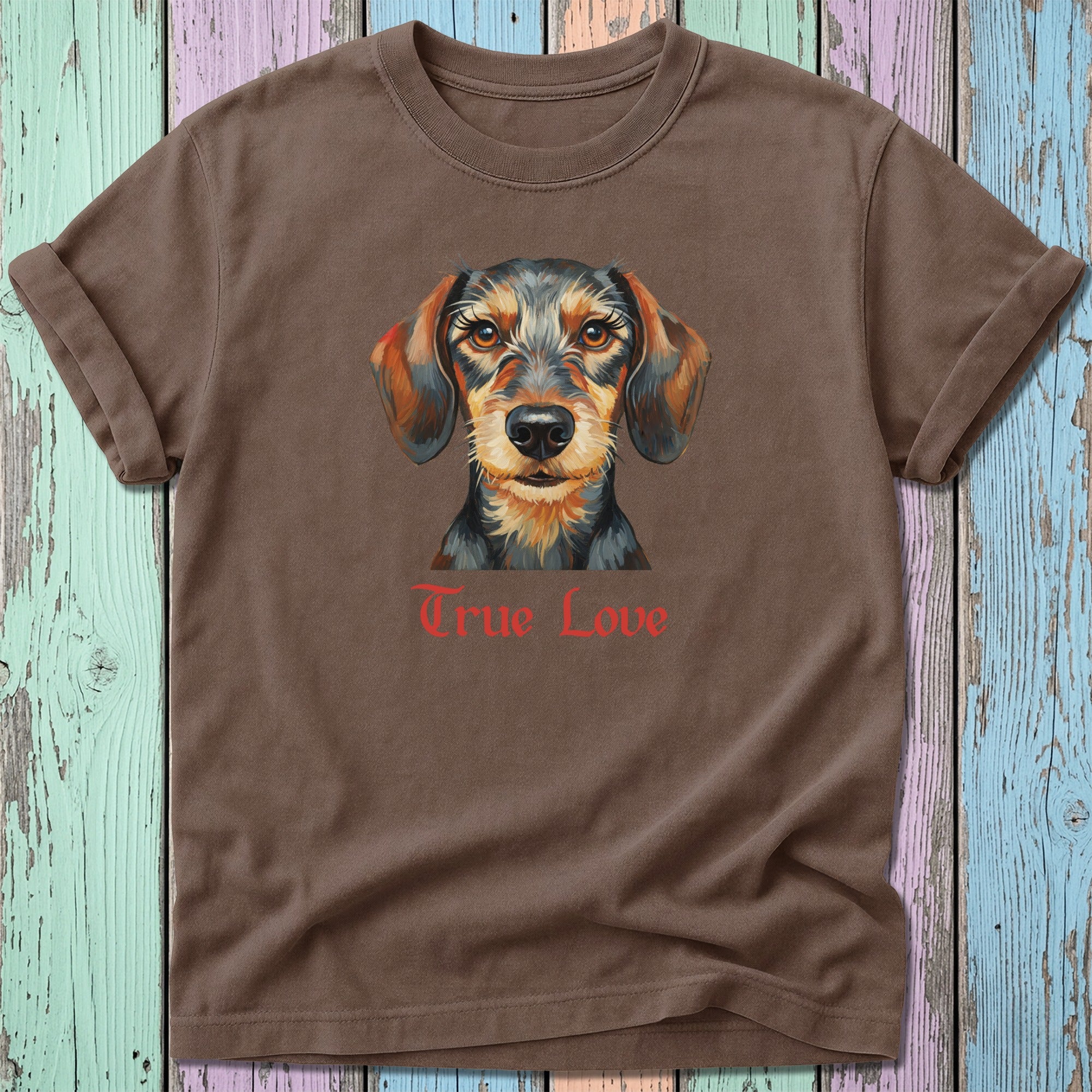 Brown t-shirt with a dachshund's face and "True Love" text.
