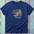 Naval blue t-shirt with a shaggy dog illustration and text "New day, New me. Still cute!"