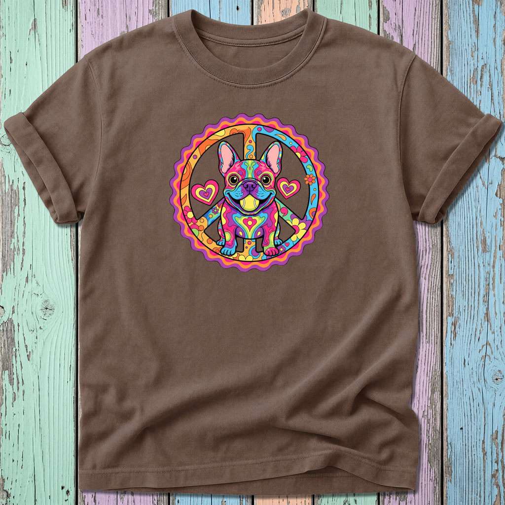 Brown t-shirt with colorful peace sign and French bulldog illustration.