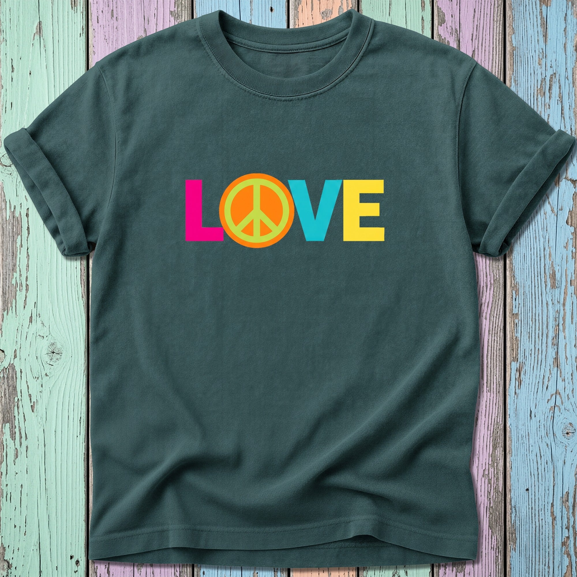 Dark green t-shirt with colorful "LOVE" and peace sign graphic.