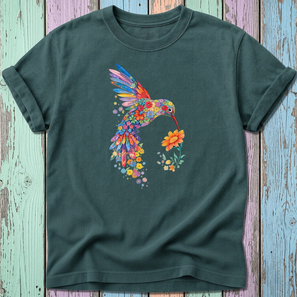 Dark green t-shirt with a colorful floral hummingbird reaching for a flower.
