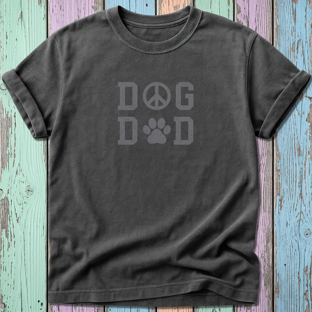 Dark gray t-shirt with "DOG DAD" graphic featuring a peace sign and paw print.