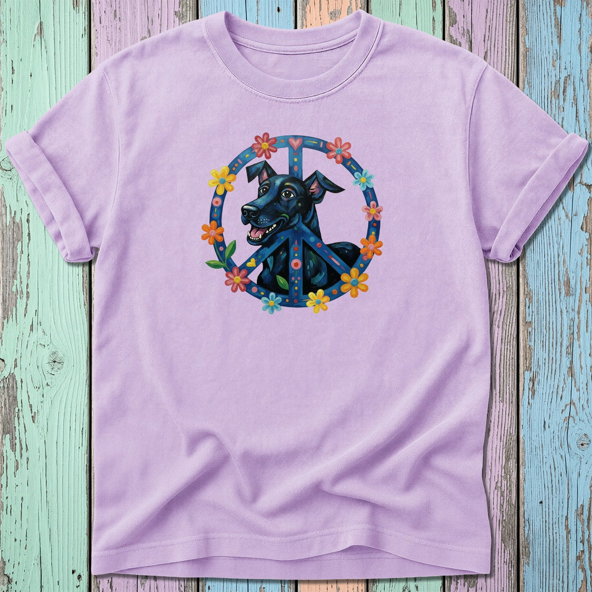 Lilac t-shirt with black dog and peace sign graphic.