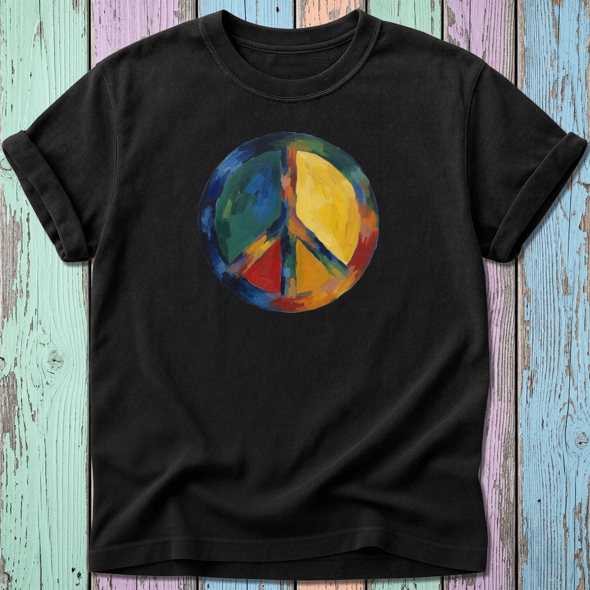 Black t-shirt featuring a colorful, painted peace sign.