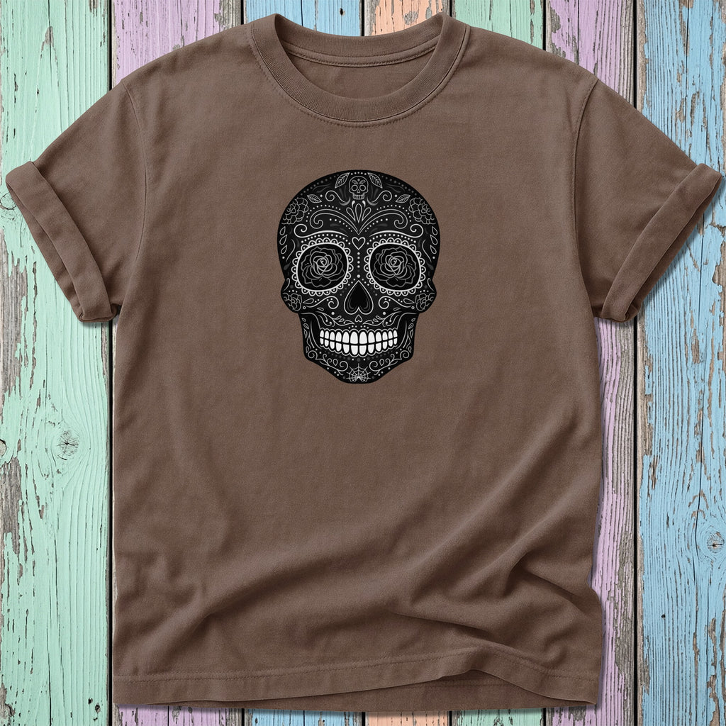 Brown t-shirt with a black and white floral skull design.