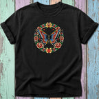 Black t-shirt with a colorful butterfly and heart tattoo design.