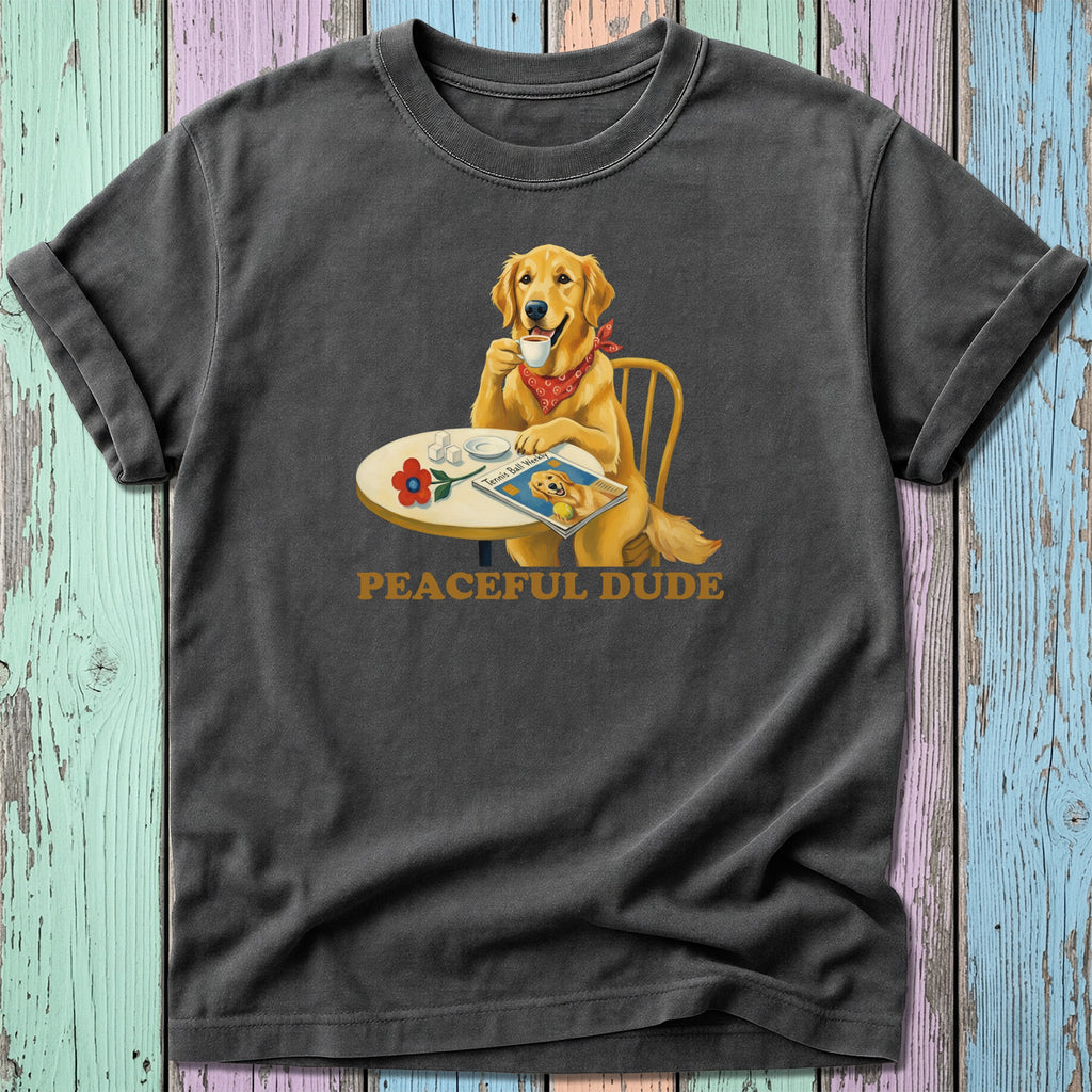 Golden retriever wearing bandana drinks coffee with magazine on table.