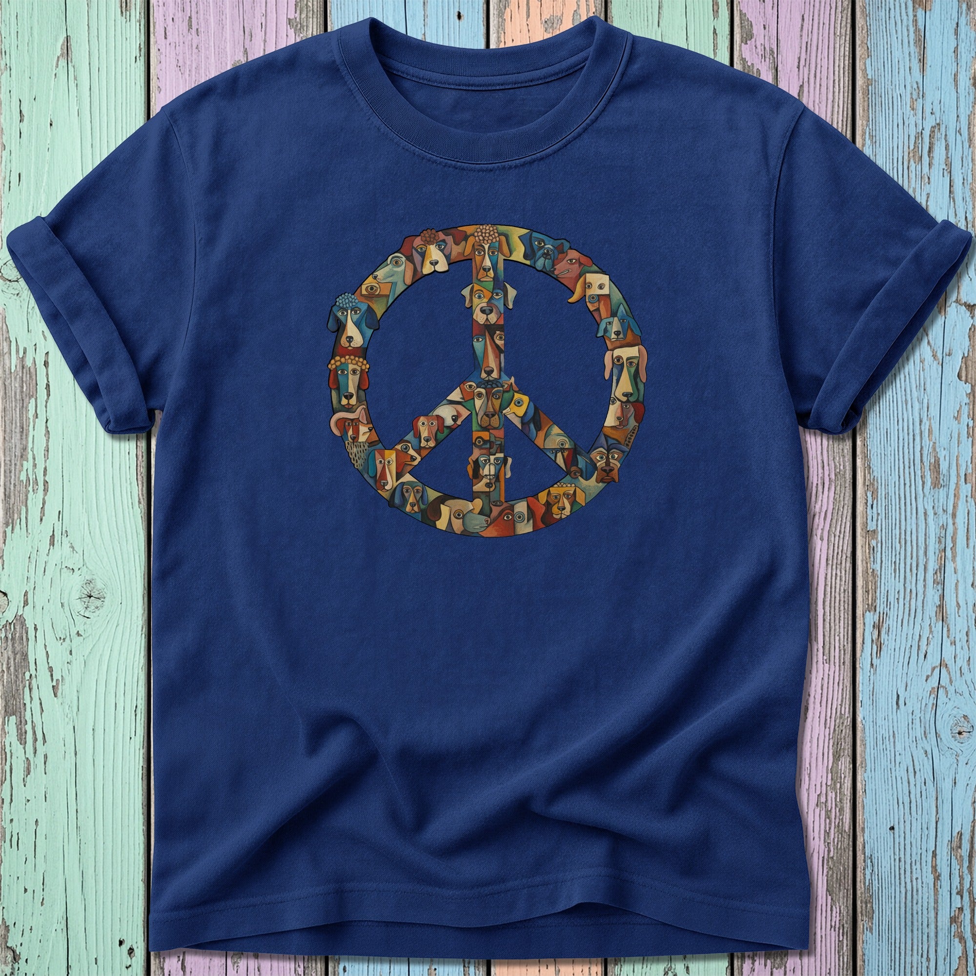 Navy t-shirt with a peace sign made of dog faces.