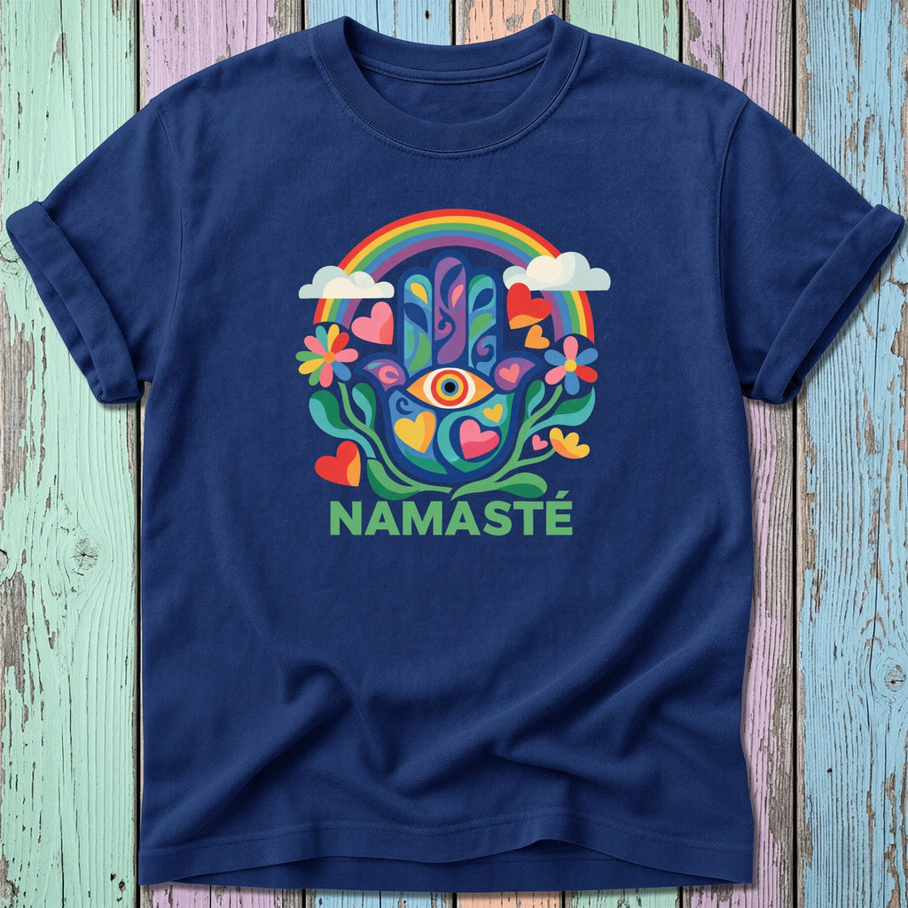 Navy t-shirt with colorful rainbow, hands, eye, and "Namaste" text.