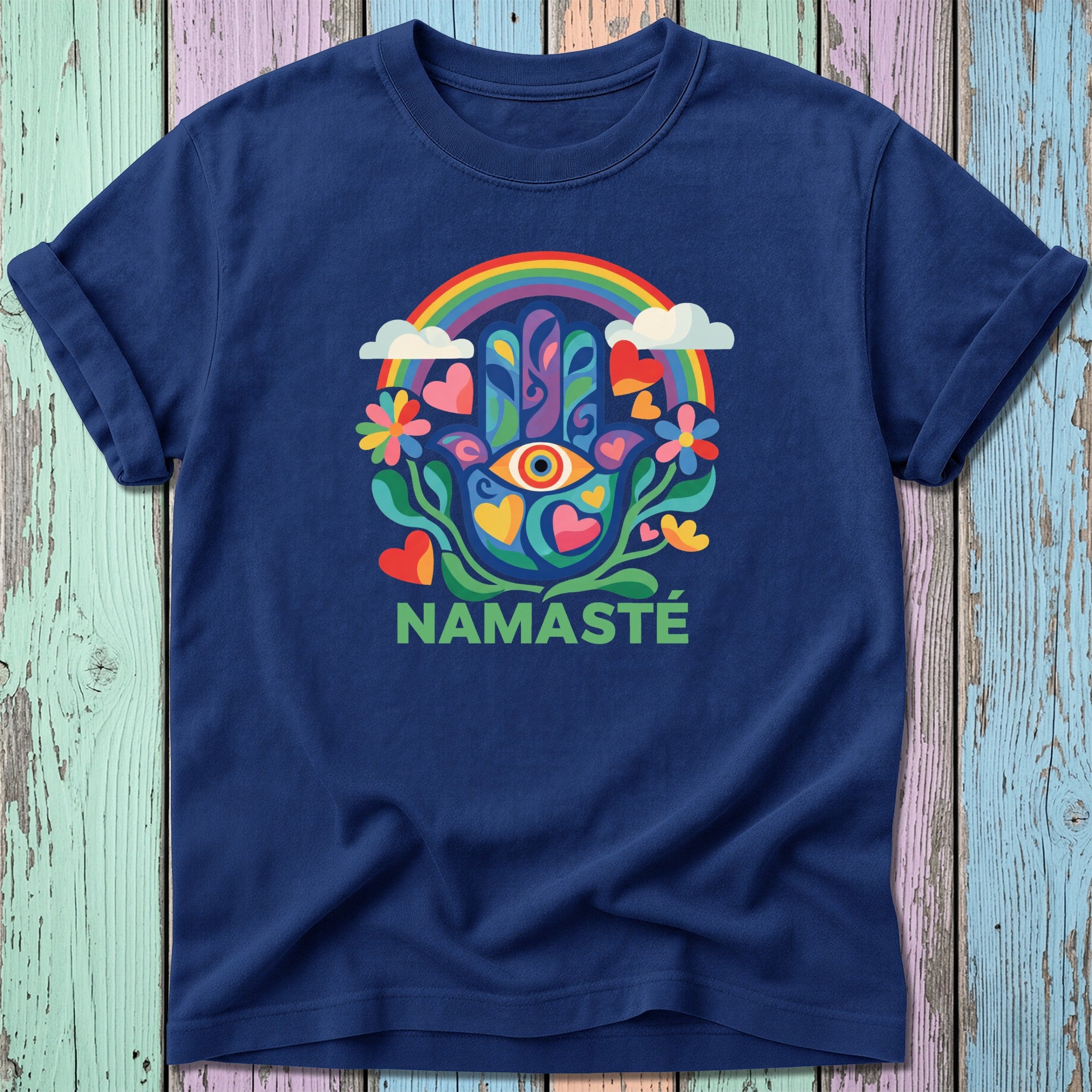 Navy t-shirt with colorful rainbow, hands, eye, and "Namaste" text.