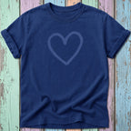 Navy blue t-shirt with a distressed heart graphic on the front.