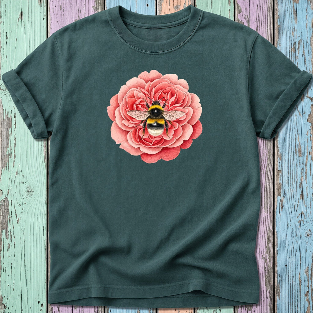 Dark teal t-shirt with a bee on a pink rose illustration.