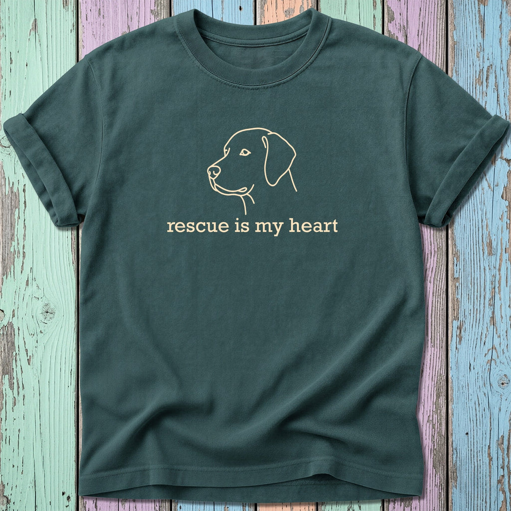 Green t-shirt with a line drawing of a dog's head and "rescue is my heart" text.