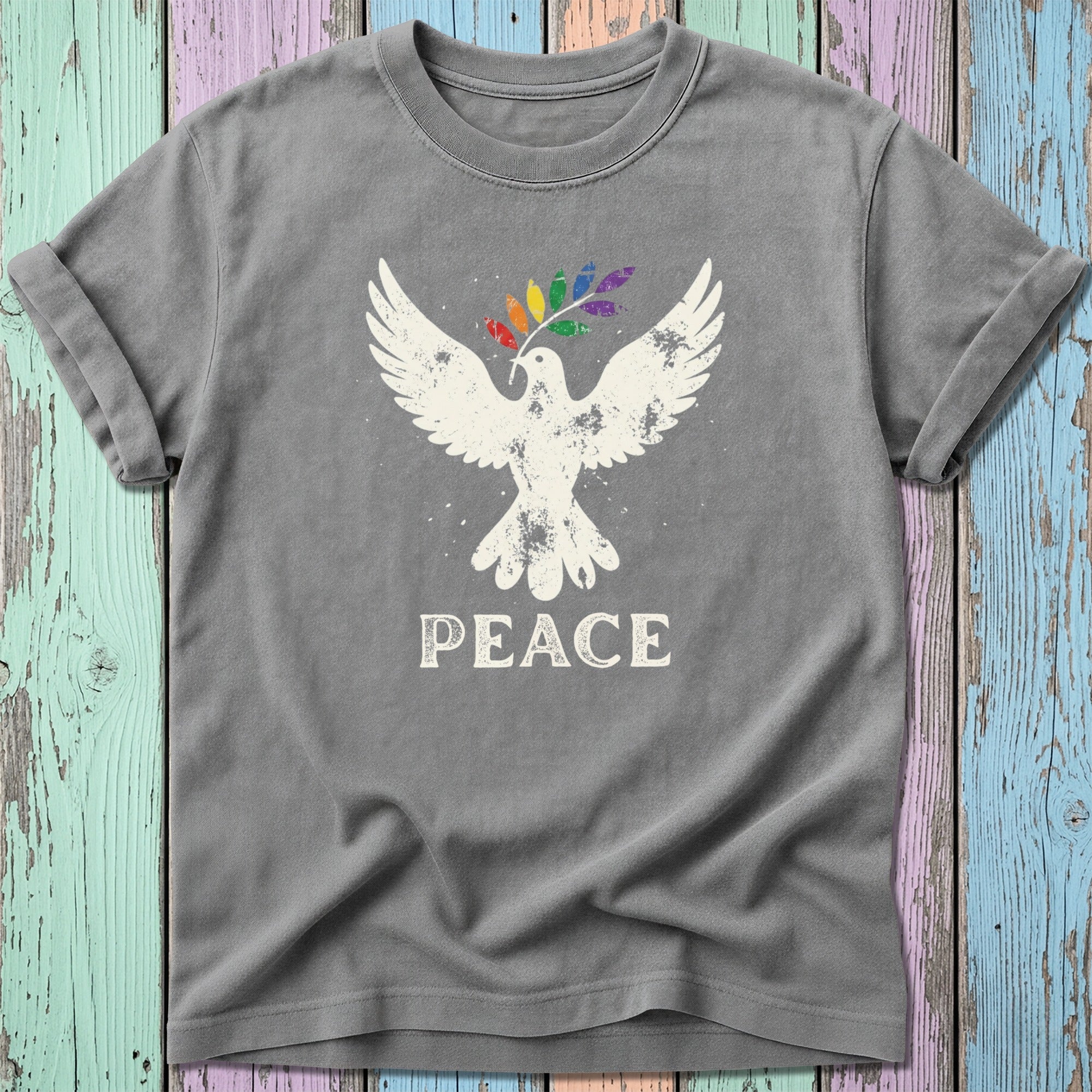 Gray t-shirt with a white dove holding a rainbow peace sign.