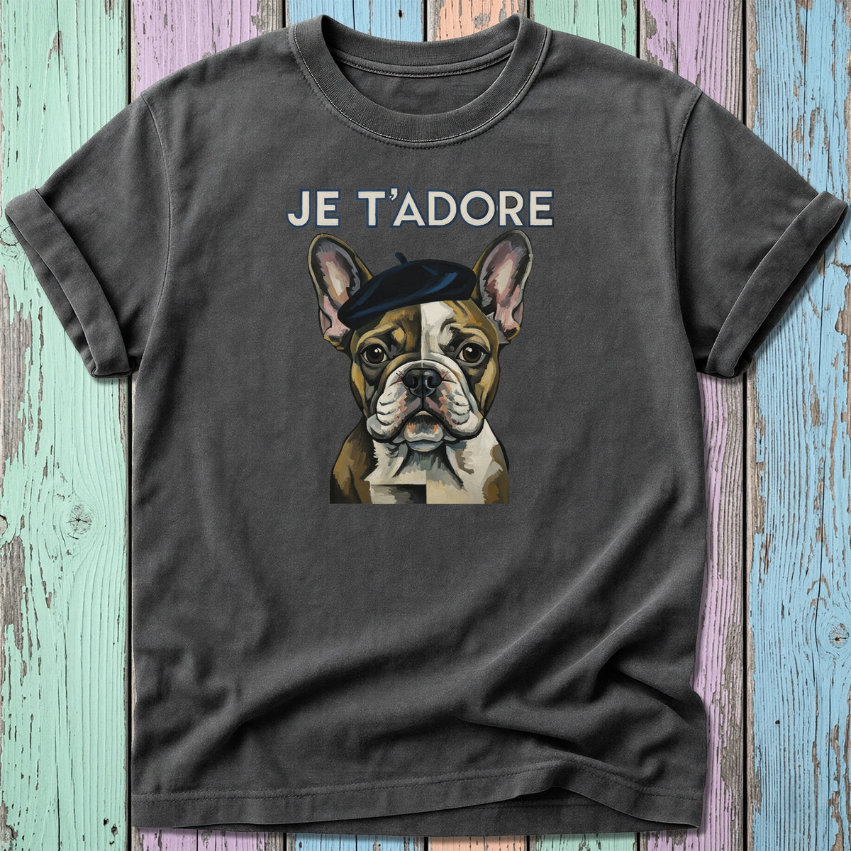 French bulldog wearing beret with "Je t'adore" text on charcoal t-shirt.