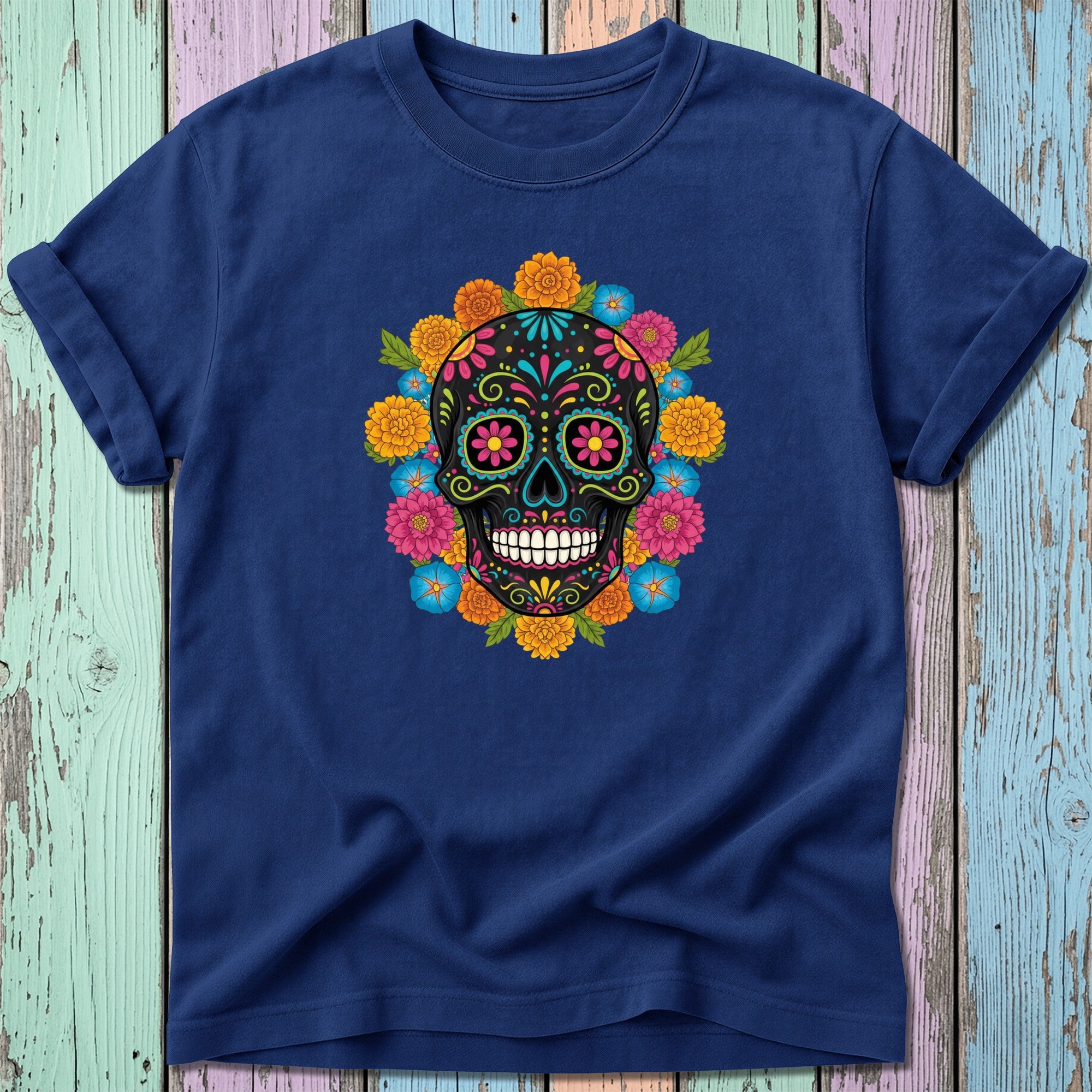 Navy t-shirt with a vibrant, floral sugar skull graphic.